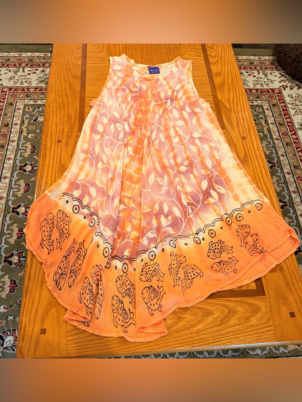 Sleeveless Orange Tie-Dye Sun Dress with Fish Border